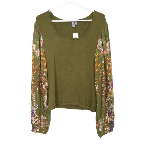 Anthropologie Bl-nk Printed-Sleeve Sweater Top Green Motif - Medium - Picture 5 of 10